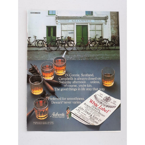 1982 Dewar's White Label Scotch Whisky Bicycles Scotland Vtg Magazine Print Ad