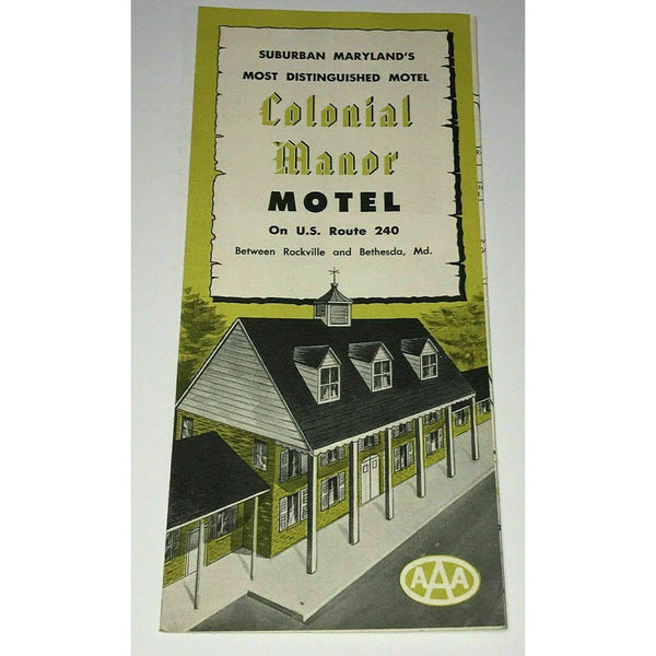 1950s Colonial Manor Motel Brochure Vintage Rockville Maryland US Route 240 AAA