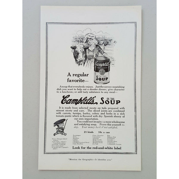 Campbell's Ox Tail Soup 1913 Dairy Maid Cow Vintage Magazine Print Ad