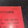 United States Customs New Car Vintage Sign 1940 Red Cardstock
