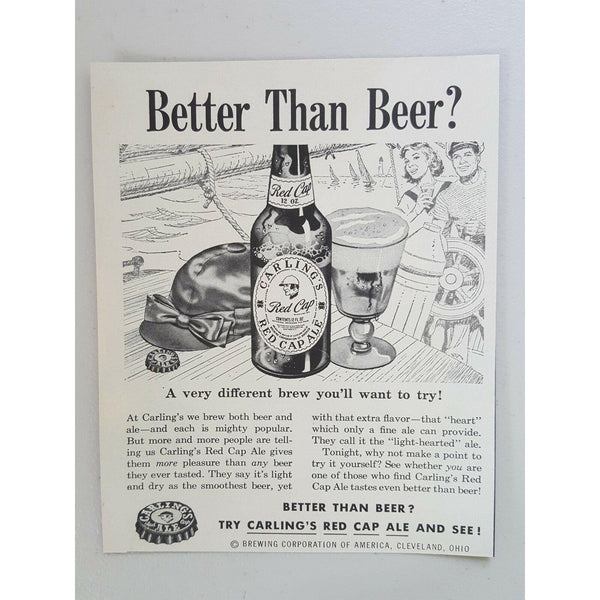 1953 Carling's Red Cap Ale Beer Sailing Boat Vintage Magazine Print Ad