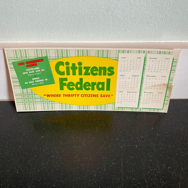 Citizens Federal Bank Cleveland OH Ink Blotter Calendar 1957 Vintage Advertising