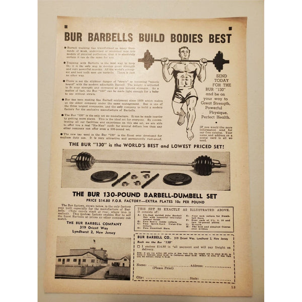 Bur Barbell 1953 Weights Bodybuilding Lyndhurst NJ Vintage Ad